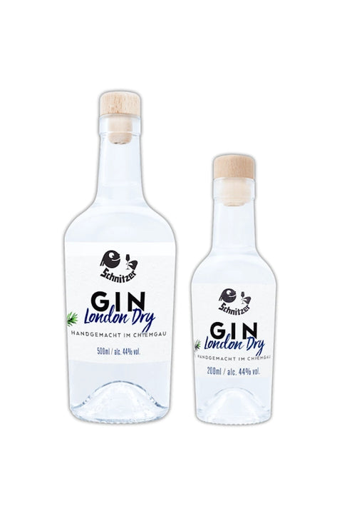 London Dry Gin von Destillerie Schnitzer – 200 ml und 500 ml Gin-Flaschen.